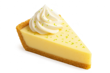 Key lime pie slice isolated on transparent background, garnished with cream