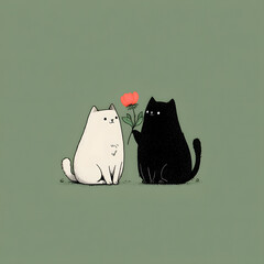 Cute cartoon cats with single flower on green