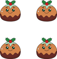 Vector cute cartoon Christmas puddings with holly and berries on illustration. 