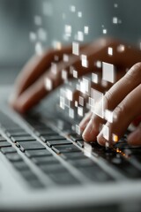 Fototapeta premium Hands typing on a laptop keyboard with digital data squares overlay