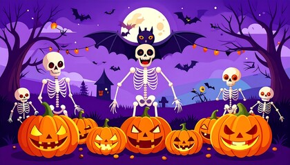 Halloween Night: Spooky Skeletons, Pumpkins, and Bats in a Purple Landscape