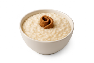 Creamy rice pudding with cinnamon stick isolated on a transparent backdrop