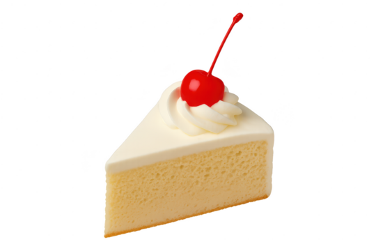 Slice of classic vanilla cake with cherry isolated on transparent background