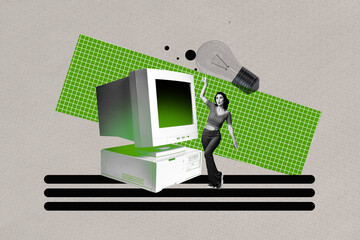 Contemporary art collage of happy freelancer businesswoman dance pc monitor light bulb idea finding...