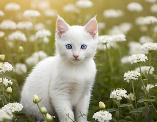 cat in the garden, A cute white kitten with blue eyes sits in a field of white flowers with soft lighting. white cat on green grass