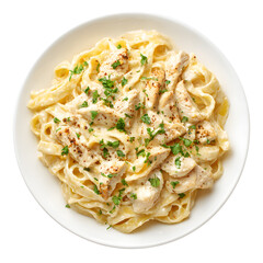 Delicious Creamy Chicken Fettuccine Alfredo Pasta on White Background