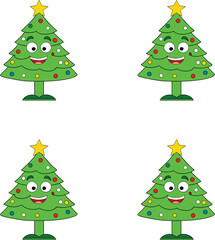 Vector cheerful cartoon Christmas trees with happy faces. 