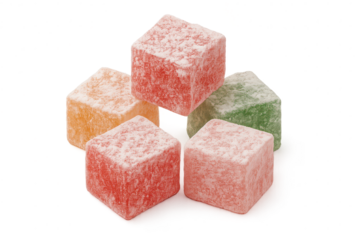 Pile of colorful Turkish delight cubes isolated on transparent background, sweet
