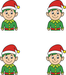 Vector cheerful cartoon Christmas elves wearing red hats and green outfits. 