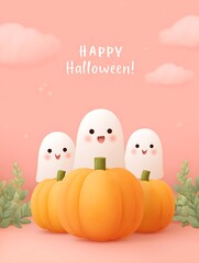 Fototapeta premium Cute Pumpkin Patch with Friendly Cartoon Ghosts in Halloween
