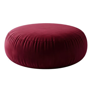 Round burgundy plush cushion or pouf for comfortable seating and home decor.