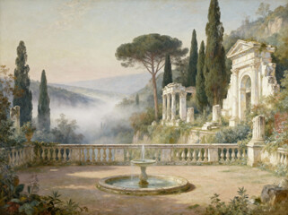 Misty Italian Garden Ruins: Romantic Classical Landscape
