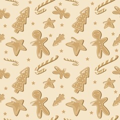Seamless festive pattern with gingerbread cookies shaped as stars, trees, and candy canes. Warm holiday background for Christmas and New Year design.