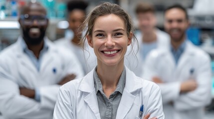 Smiling female doctor stands with diverse medical team behind her. It can illustrate healthcare, research, or medical professionals together.