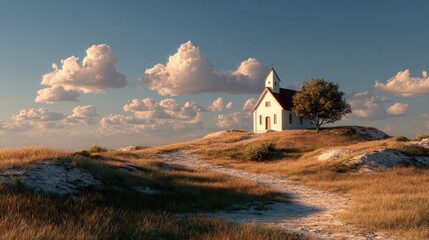 Scenic landscape featu a small white church with a steeple on a grassy hill surrounded by sparse trees under a partly cloudy sky du daytime
