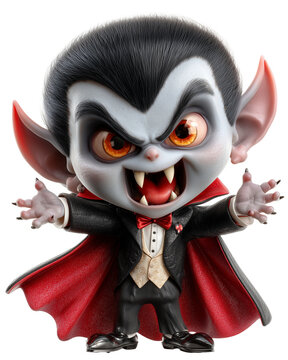 Funny Dracula cutout with Cartoon-style Count Dracula 3D render with exaggerated ears and widow's peak in red lined cape, funny Halloween Dracula character with smug expression,PNG die-cut for product