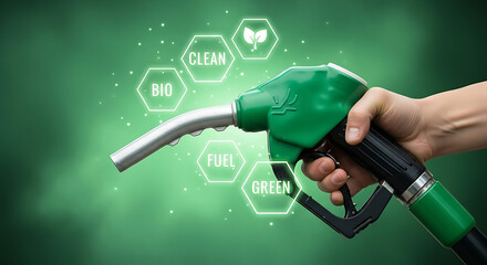 Eco-Friendly Biofuel Hand holding Fuel Nozzle Promoting Sustainable, Green Energy Solutions