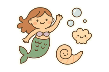 Mermaid Doodle Stickers. Cute doodle stickers: smiling mermaid, tiny shells and bubbles waving, simplified doodle forms, white