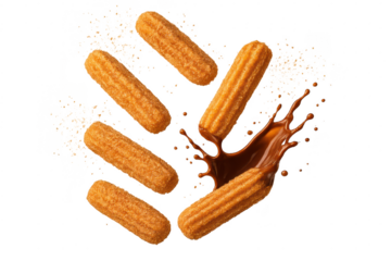 Delicious churros and chocolate splash isolated on transparent background