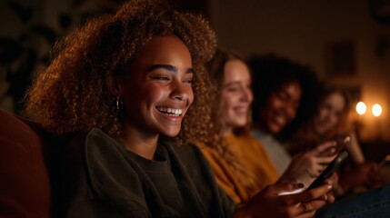 Fototapeta premium Three women sharing a joyful moment while looking at a smartphone.
