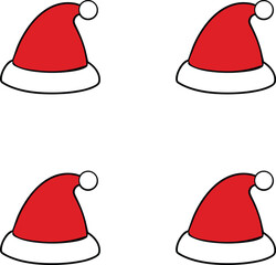 Vector festive red Santa hats with white trim and pom poms. 