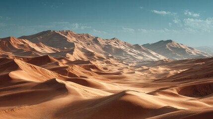 Fototapeta premium Vast Expansive Desert Landscape with Golden Sand Dunes Under Clear Blue Sky in a Remote Natural Environment Du Daytime