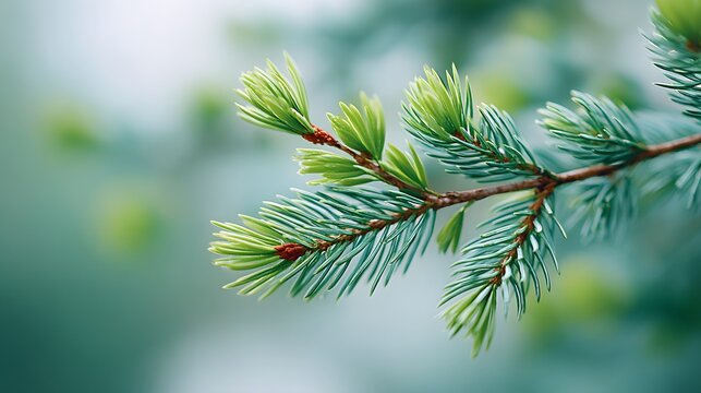 Fresh green pine tree branch with dew drops in soft morning light, natural forest background symbolizing freshness, nature, environment, and serenity
