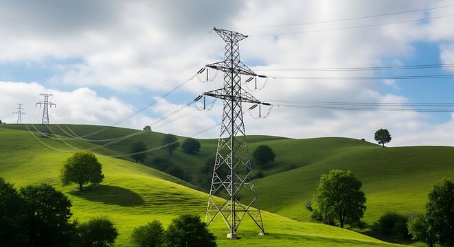 Tall electricity pylon on a green rolling hill landscape. - Powered by Adobe