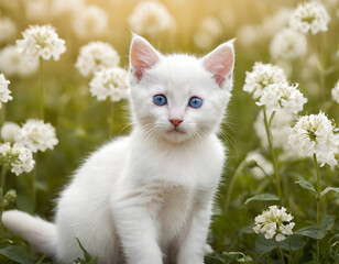cat in the garden, A cute white kitten with blue eyes sits in a field of white flowers with soft lighting. white cat on green grass