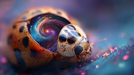 Ladybug with Galaxy Spiral Inside Shell on Colorful Surface