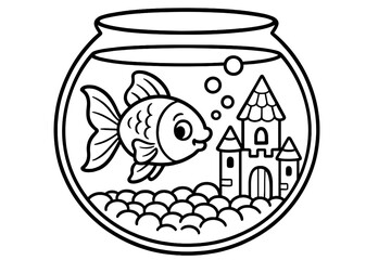 Goldfish Bowl Adventure. Animals & Pets coloring page: goldfish swimming in bowl, bubbles rising, castle decoration inside, black