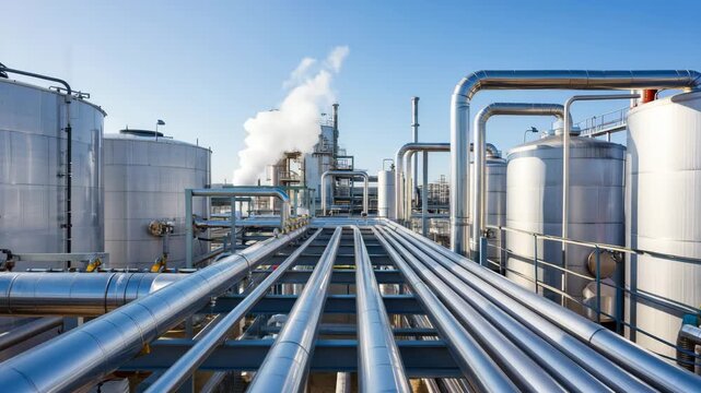This industrial facility features large metallic tanks and a network of pipes. Steam is visible in the background as equipment operates efficiently under a bright sky