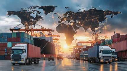 Double exposure of Twilight view of Container truck in ship port for business Logistics and transportation of Container Cargo ship and Cargo plane with working crane bridge with Earth and world map