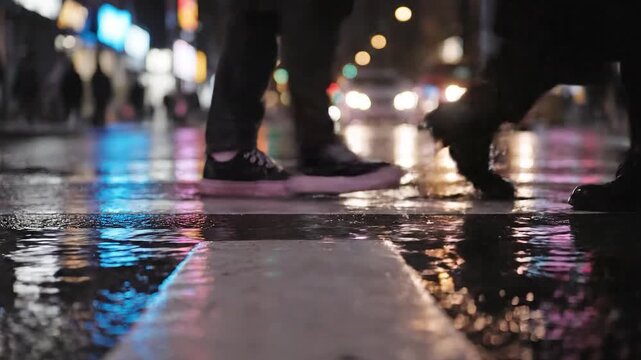 People walking across a wet street at night with reflections of city lights.