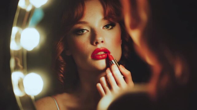 A young woman applies red lipstick in front of a mirror lit with bright lights