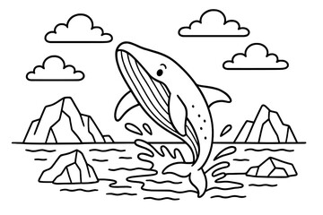 Naklejka premium Whale's Icy Leap. Icy scene coloring page: whale leaping from frozen sea, icebergs around, clouds in sky, black and white vector