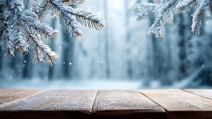 Rustic wooden table in snowy forest background with pine branches and falling snow, winter nature scene for Christmas, product display, or holiday design