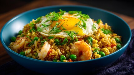 Appetizing culinary presentation features flavorful fried rice, garnished with fresh green herbs and vibrant green peas, with succulent shrimp and a perfectly cooked fried egg, presented in a...