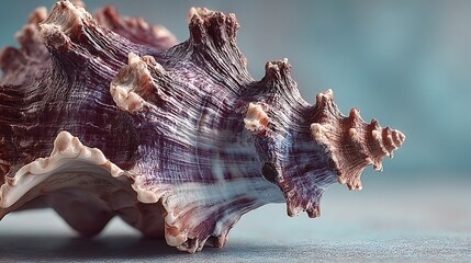Large Spiny Seashell with Pink and Brown Colors on Gray Surface in Soft Lighting