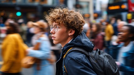 Obraz premium Man walking down street amidst blurred crowd.