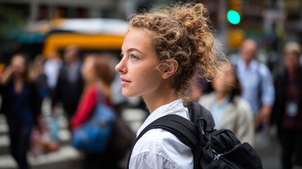 Fototapeta premium Woman walking down street carrying backpack.