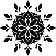 Intricate black snowflake mandala design with floral accents