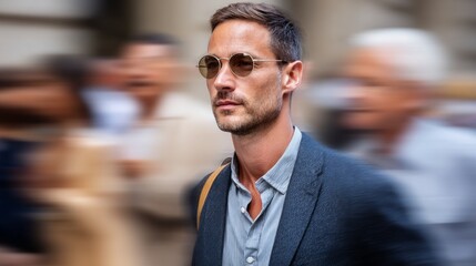 Obraz premium Man walking down city street with blurred background.