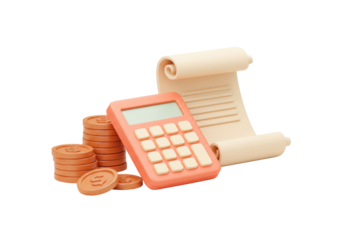 Calculator with coins and paper roll isolated PNG, financial planning and accounting concept for business and personal finance