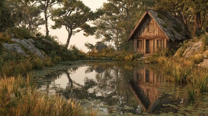 Idyllic rustic wooden cottage led by tranquil pond surrounded by lush trees and natural landscape in a serene countryside setting du daytime