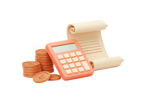 Calculator with coins and paper roll isolated PNG, financial planning and accounting concept for business and personal finance