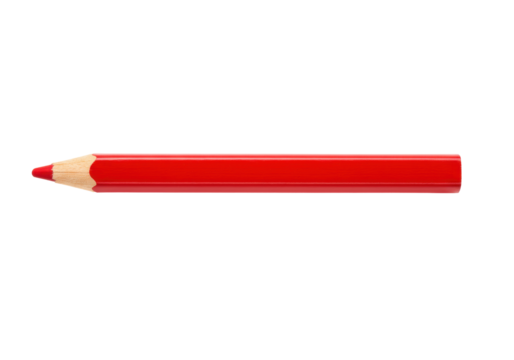 Isolated red colored pencil for drawing or art class, close-up studio shot on clear background