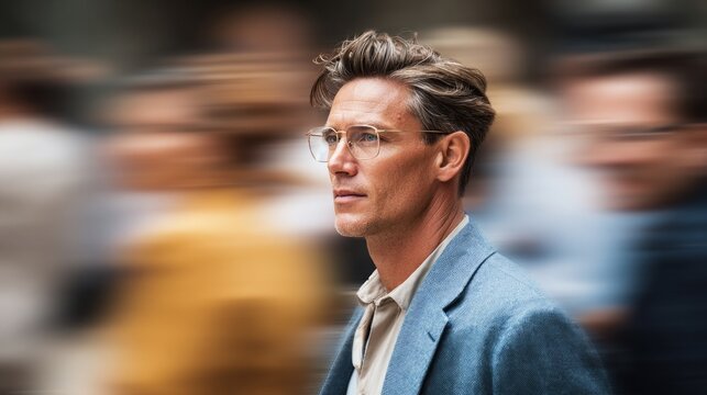 Man walking down street with blurred background.