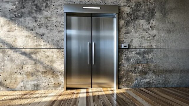Elevator stands in a modern space with wood flooring and concrete walls, illuminated by sunlight streaming in during daytime hours