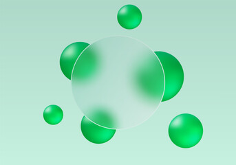 Glassmorphic landing page with floating green spheres and a transparent circular panel